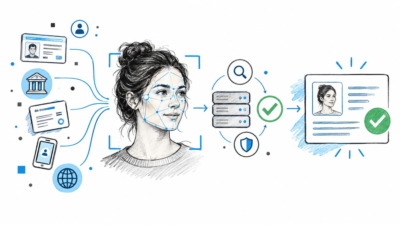 A digital illustration showing the process of online identity verification using facial recognition and secure data checking.