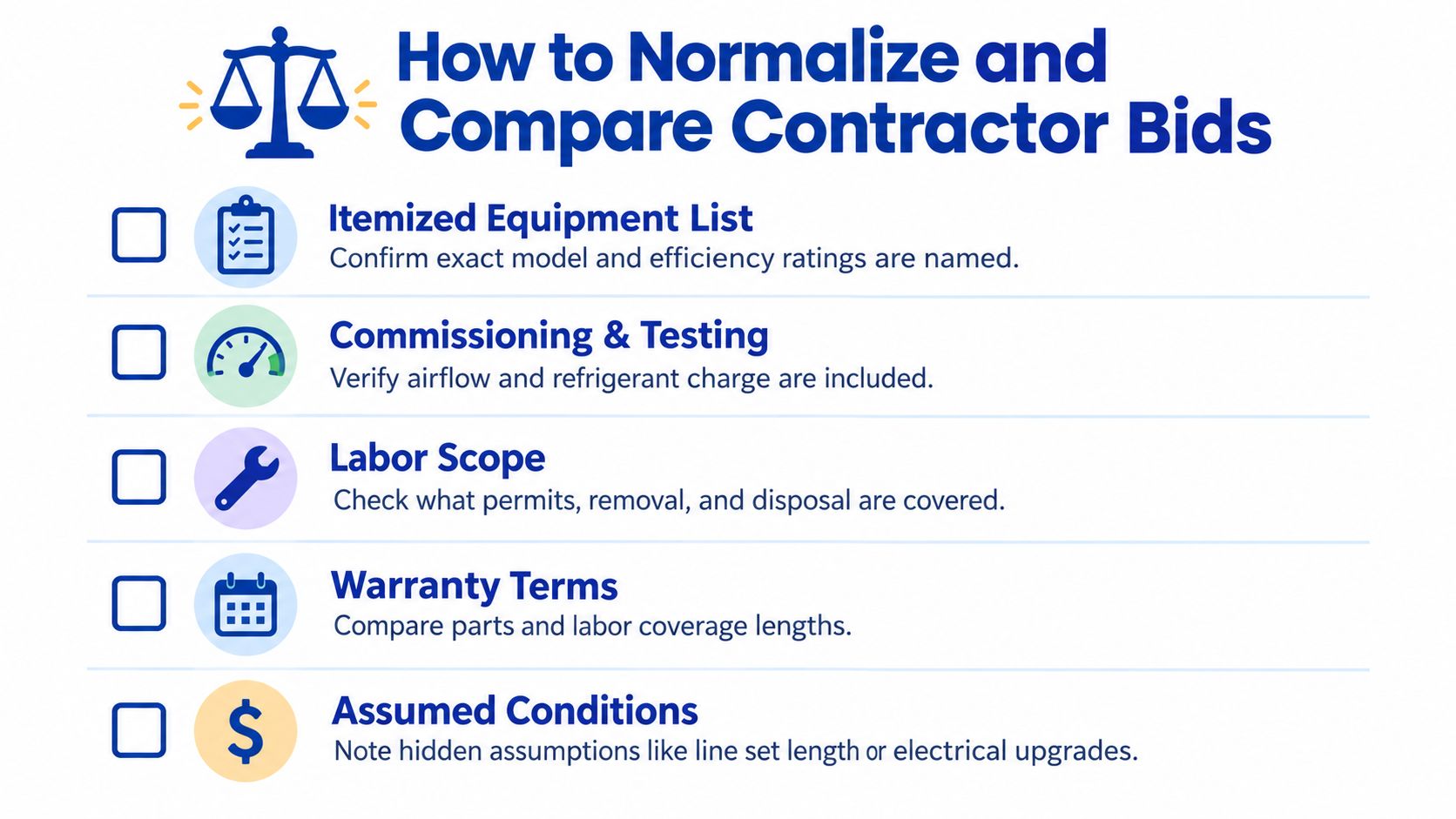 A checklist infographic titled How to Normalize and Compare Contractor Bids for HVAC system installations.