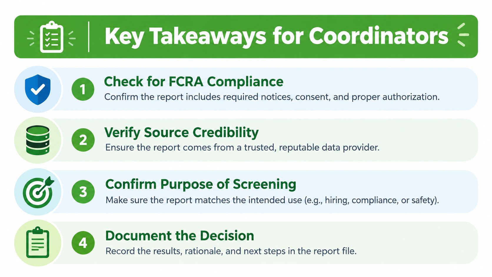 An infographic titled Key Takeaways for Coordinators outlining four essential steps for managing background check reports professionally.