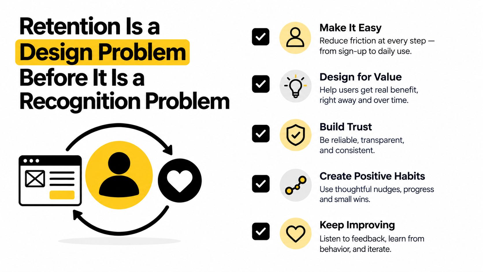 A visual guide illustrating key design principles to improve user retention, including ease, value, trust, and habits.