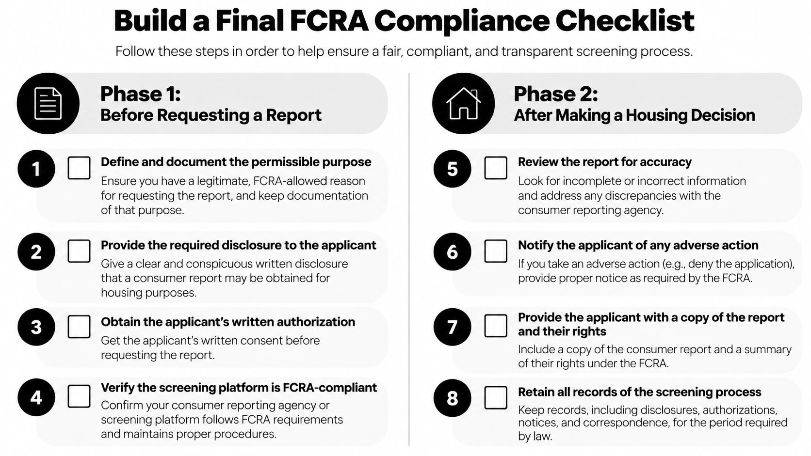An eight-step checklist for maintaining FCRA compliance during the tenant screening and housing application process.