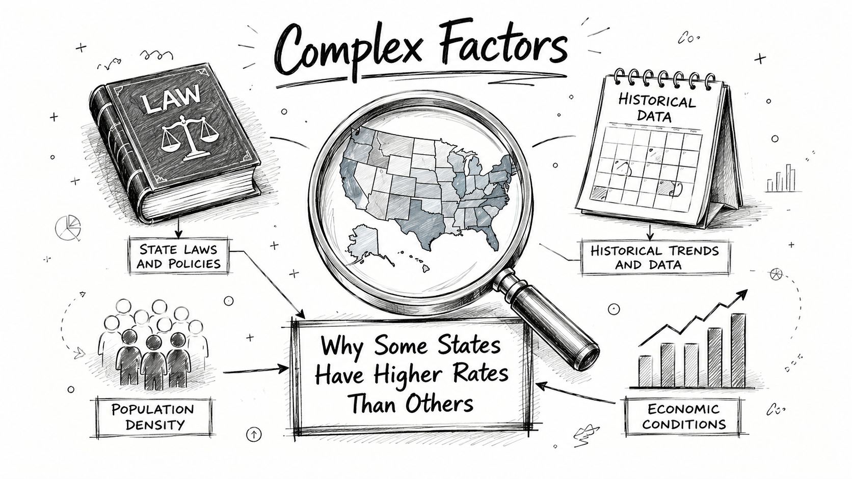 An infographic showing factors like law, history, density, and economy contributing to state-by-state data variations.