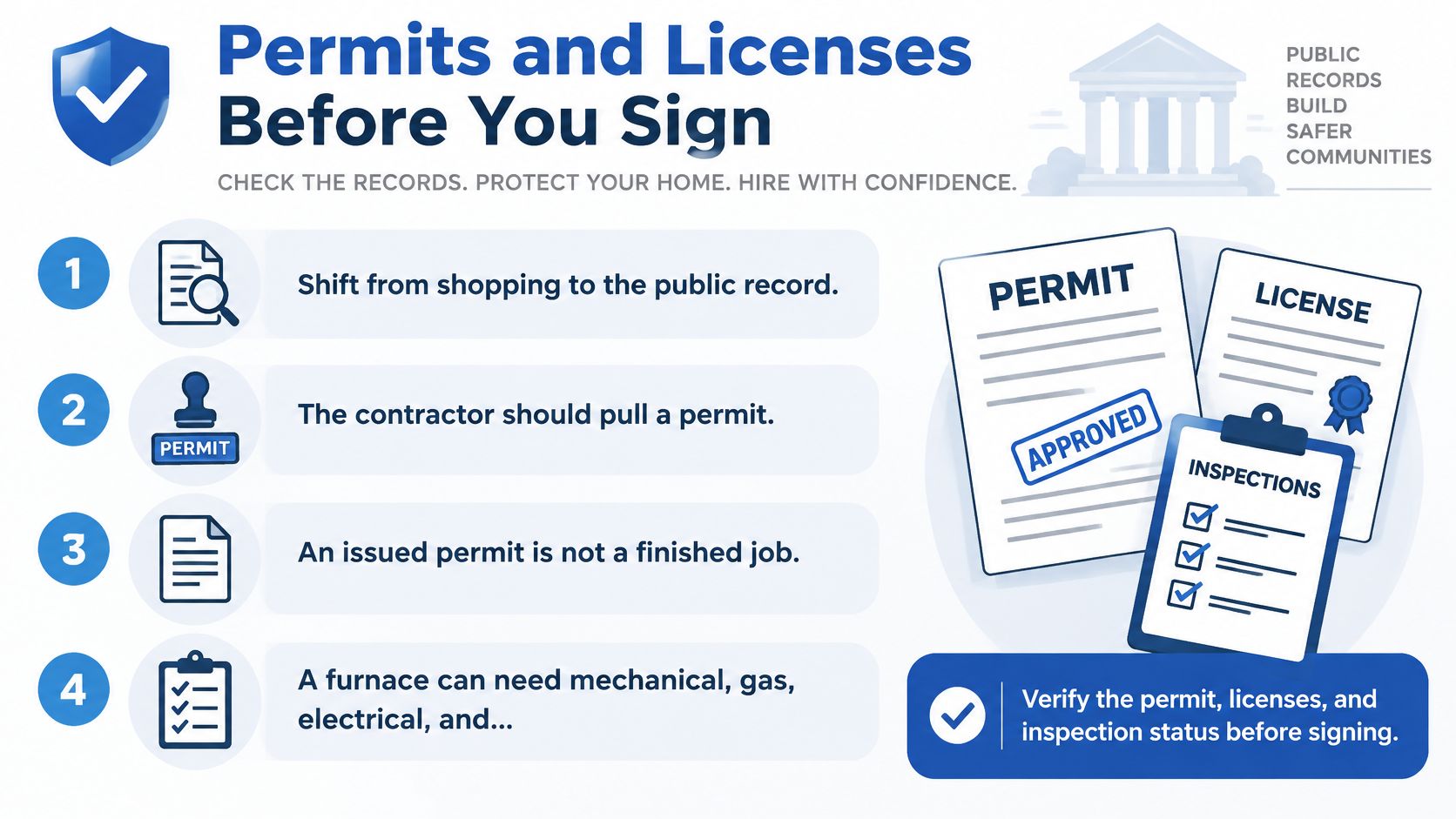 An infographic titled Permits and Licenses Before You Sign outlining four steps for checking contractor credentials and documentation.