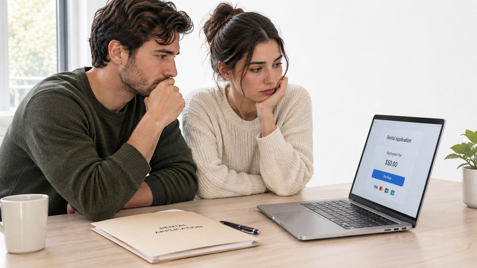 A couple looking concerned while reviewing a rental application fee payment screen on a laptop computer.