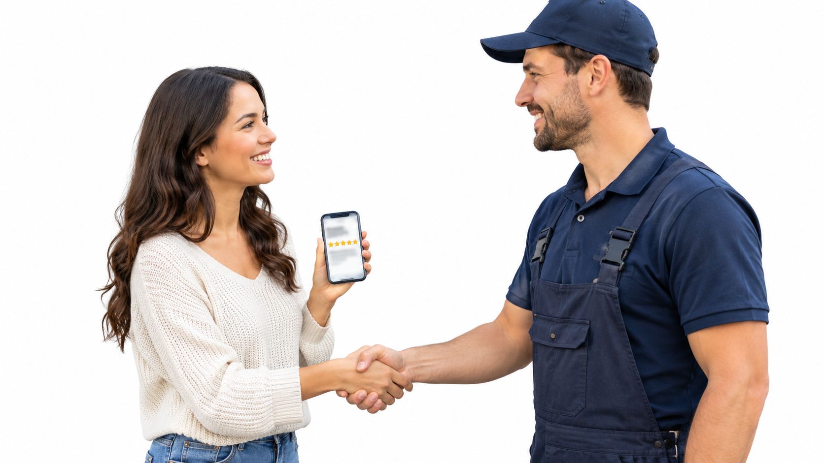 A smiling customer shaking hands with a delivery person while holding a phone displaying a five star rating.