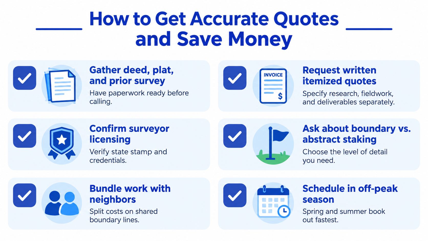 A helpful infographic outlining six practical steps to get accurate land survey quotes and save money.