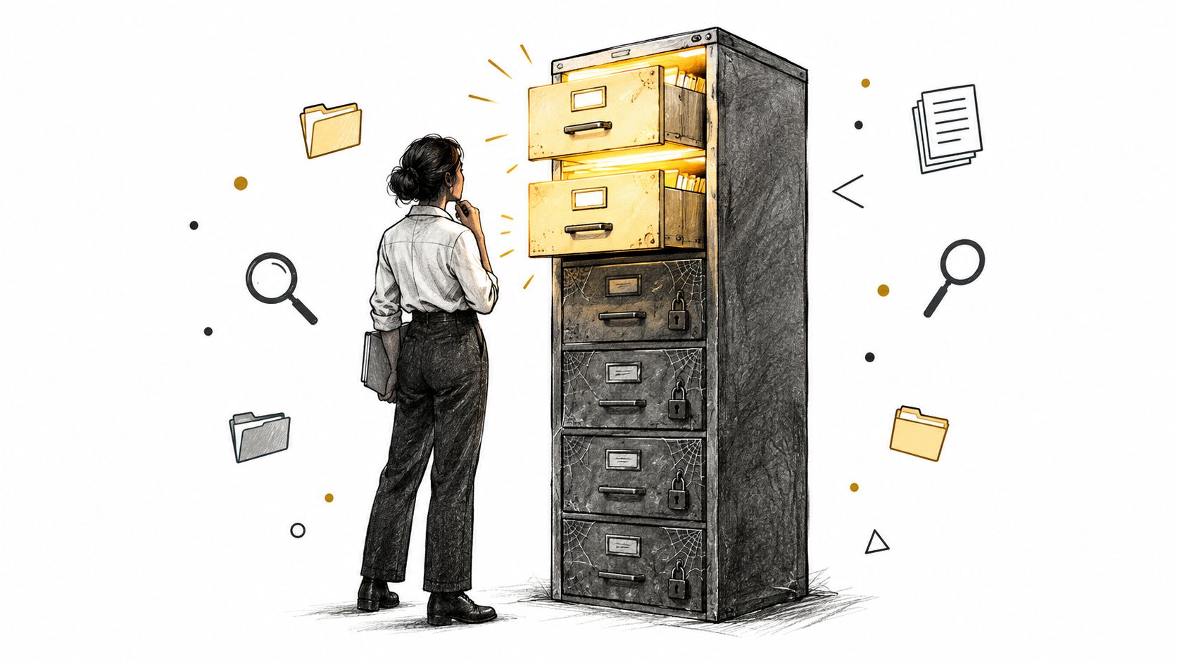 A professional woman looking at an old metal filing cabinet with glowing open drawers and floating icons.
