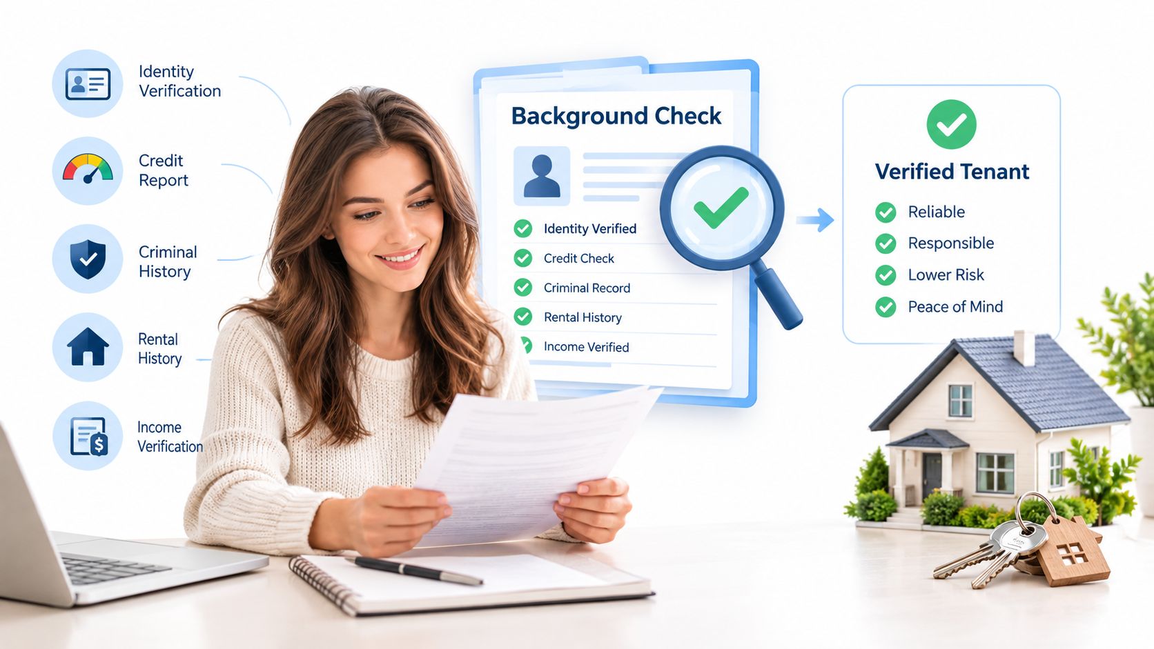 A woman reviewing documents while a digital background check process validates a tenant for rental property approval.