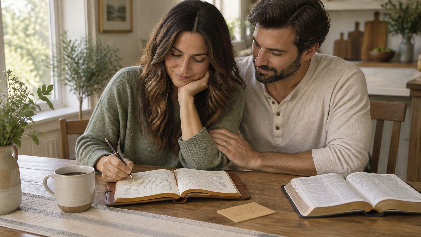A couple sits together at a wooden table studying a book while sharing a meaningful moment.