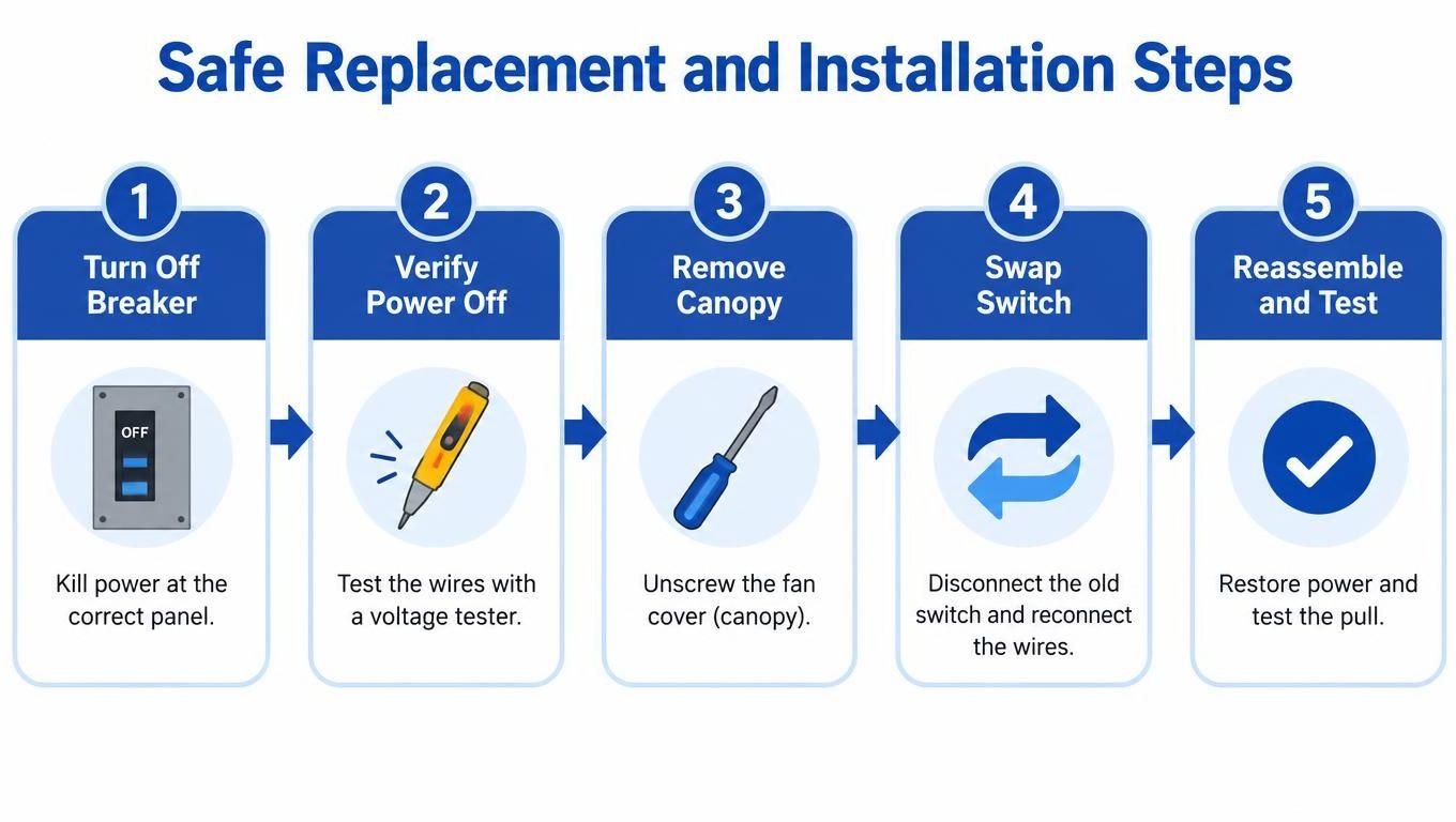 A five-step instructional graphic showing how to safely replace a ceiling fan pull switch.