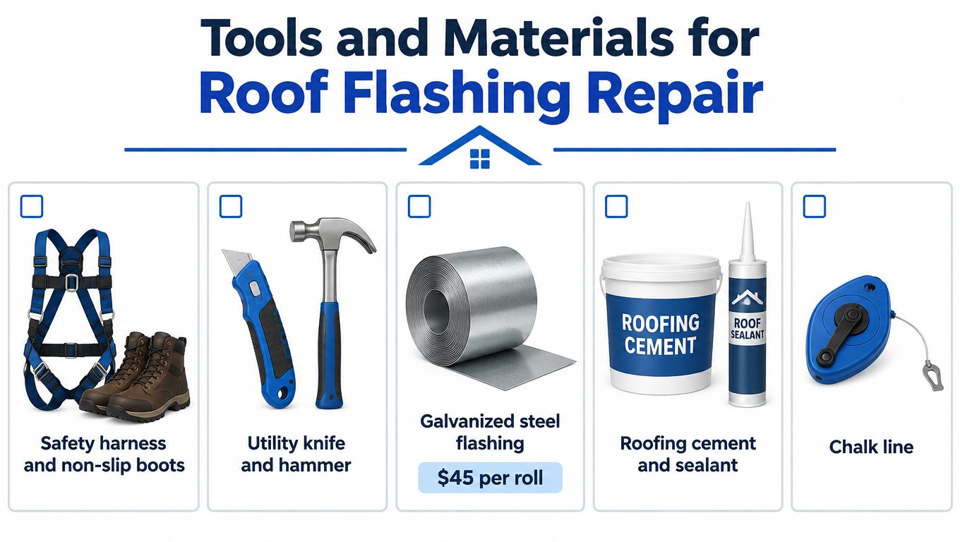 A list of essential tools and materials for repairing roof flashing including safety gear, tools, and materials.