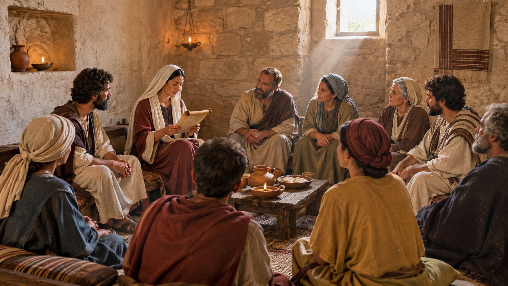 A group of people dressed in historical robes gathered in a room listening to a woman reading.