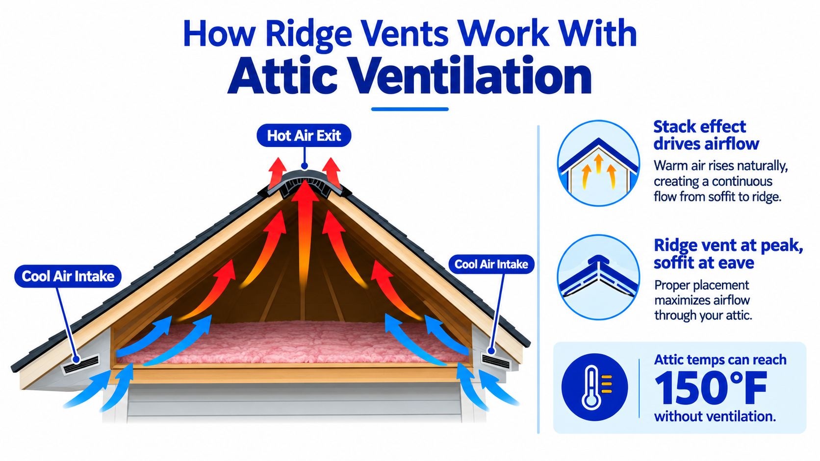 A diagram illustrating how ridge vents and soffit intakes work together for proper attic ventilation airflow.