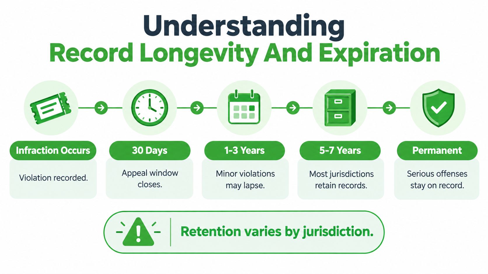 A timeline graphic illustrating the stages of traffic violation record retention and typical expiration timeframes.