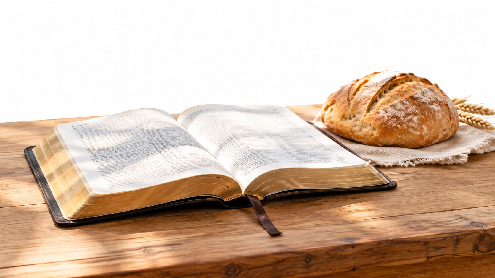 An open holy Bible resting on a rustic wooden table next to a loaf of fresh sourdough bread.