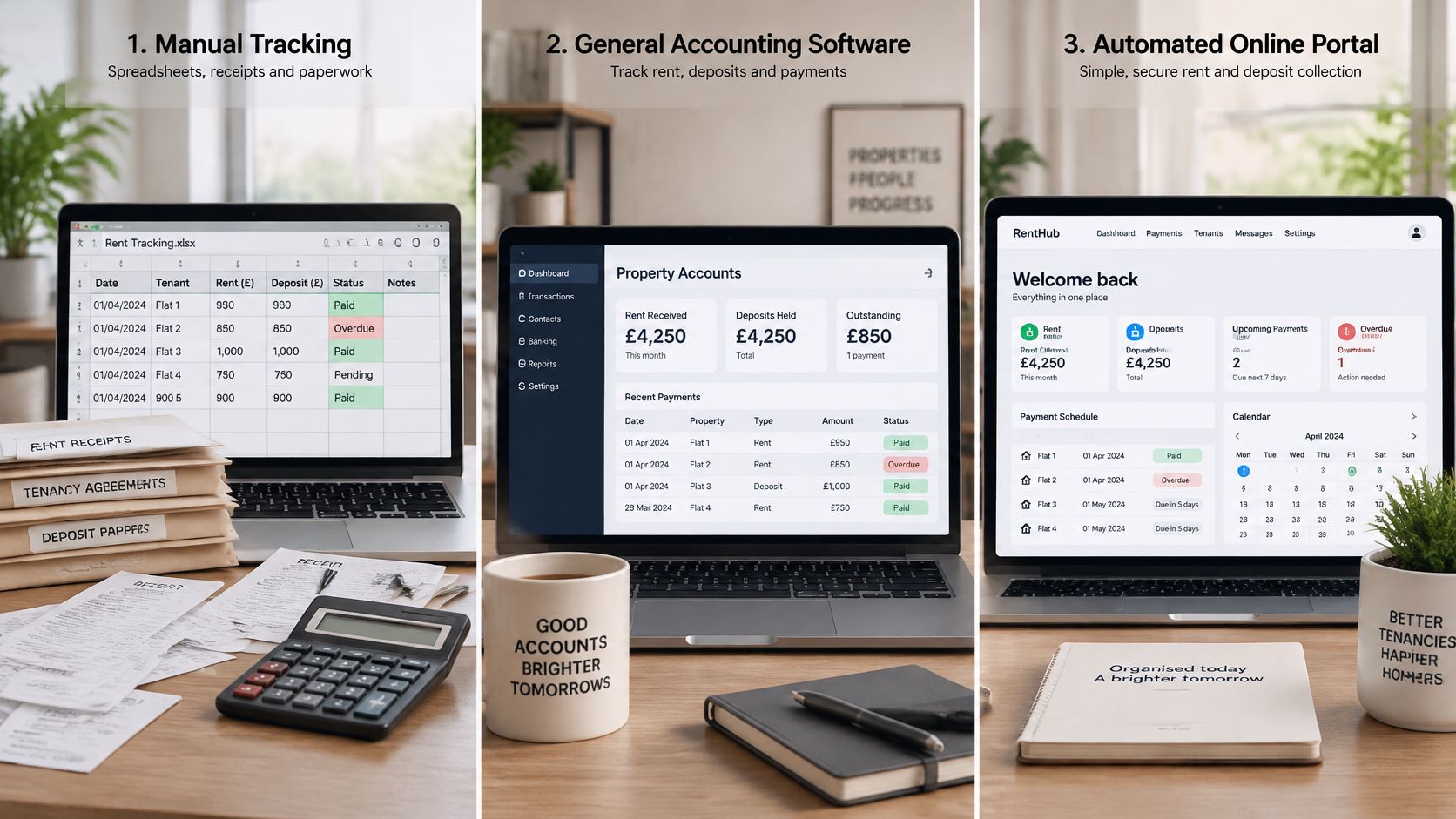 Three computer screens showing progress from manual spreadsheet tracking to efficient automated property rental management software.