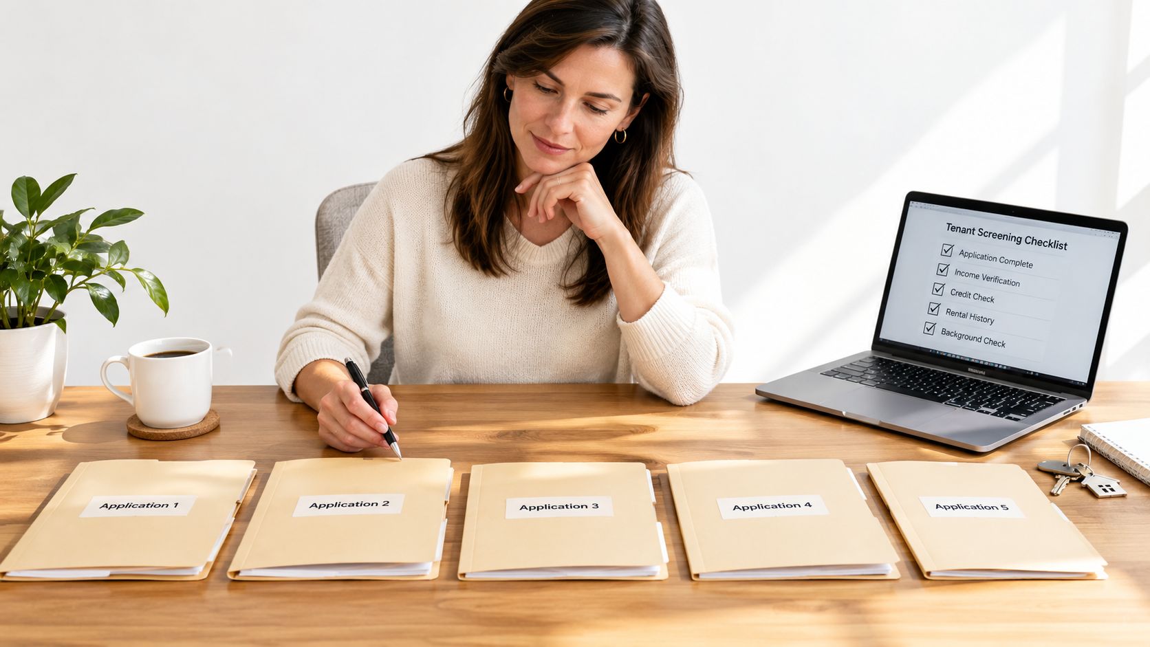 A professional woman reviewing rental applications while looking at a tenant screening checklist on her laptop.
