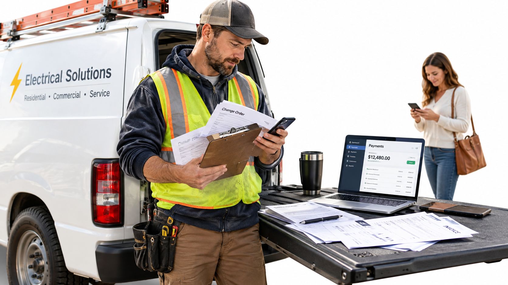 An electrical contractor using field service software on a laptop while standing next to his service van.