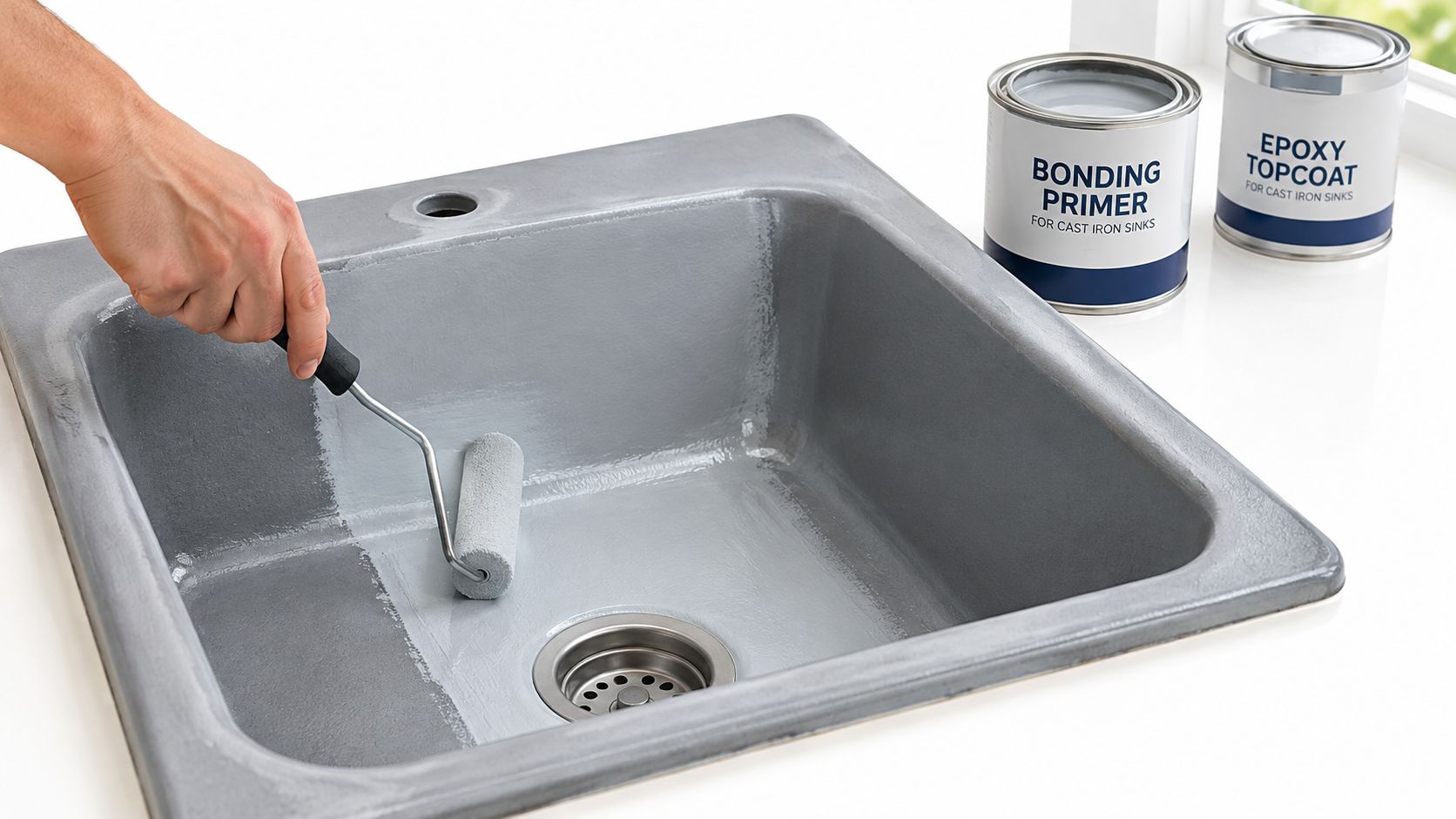 A hand using a small paint roller to apply primer to a gray cast iron kitchen sink.