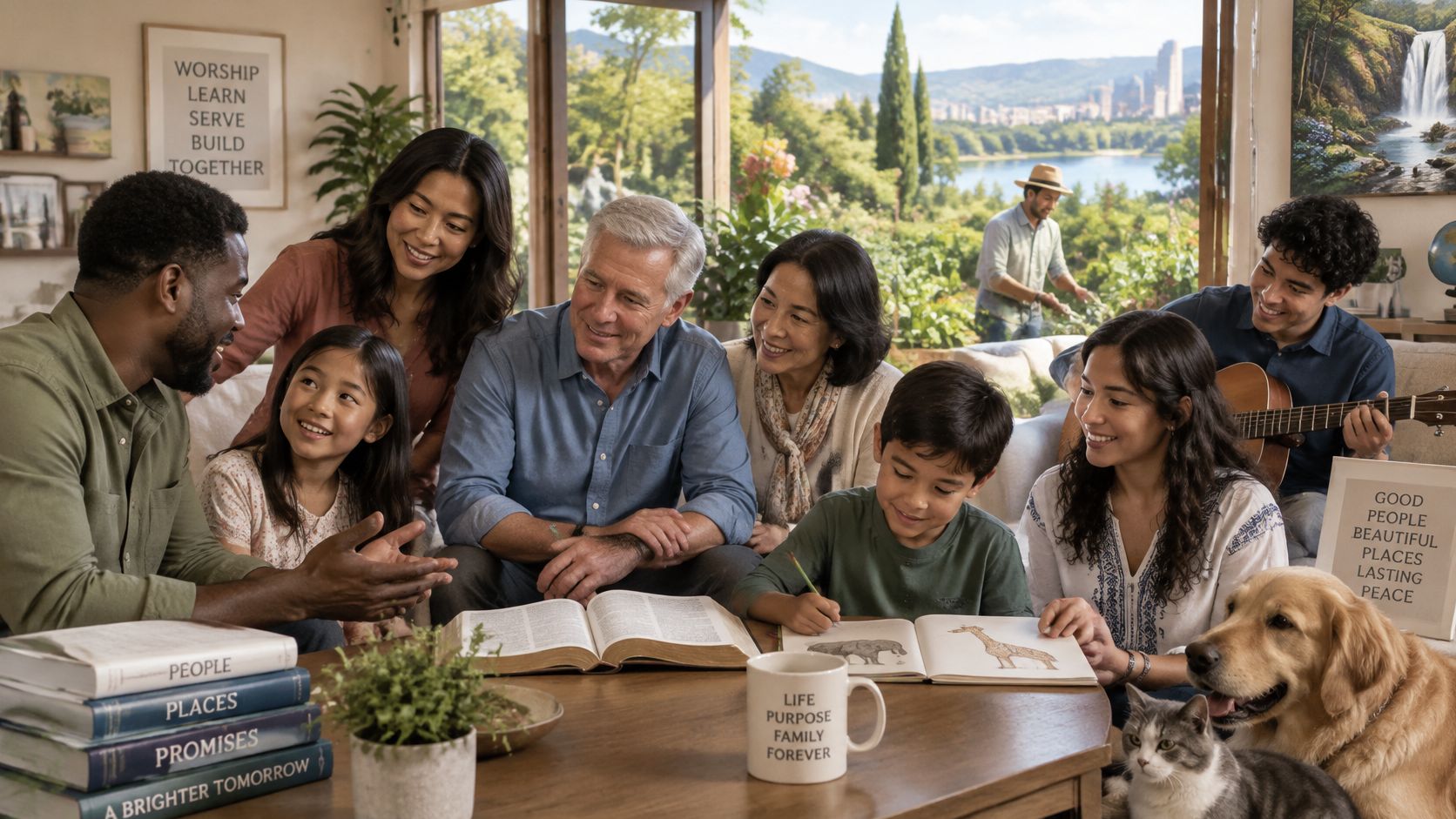 A diverse, multi-generational family sitting together, reading a book and drawing in a sunlit, peaceful living room.