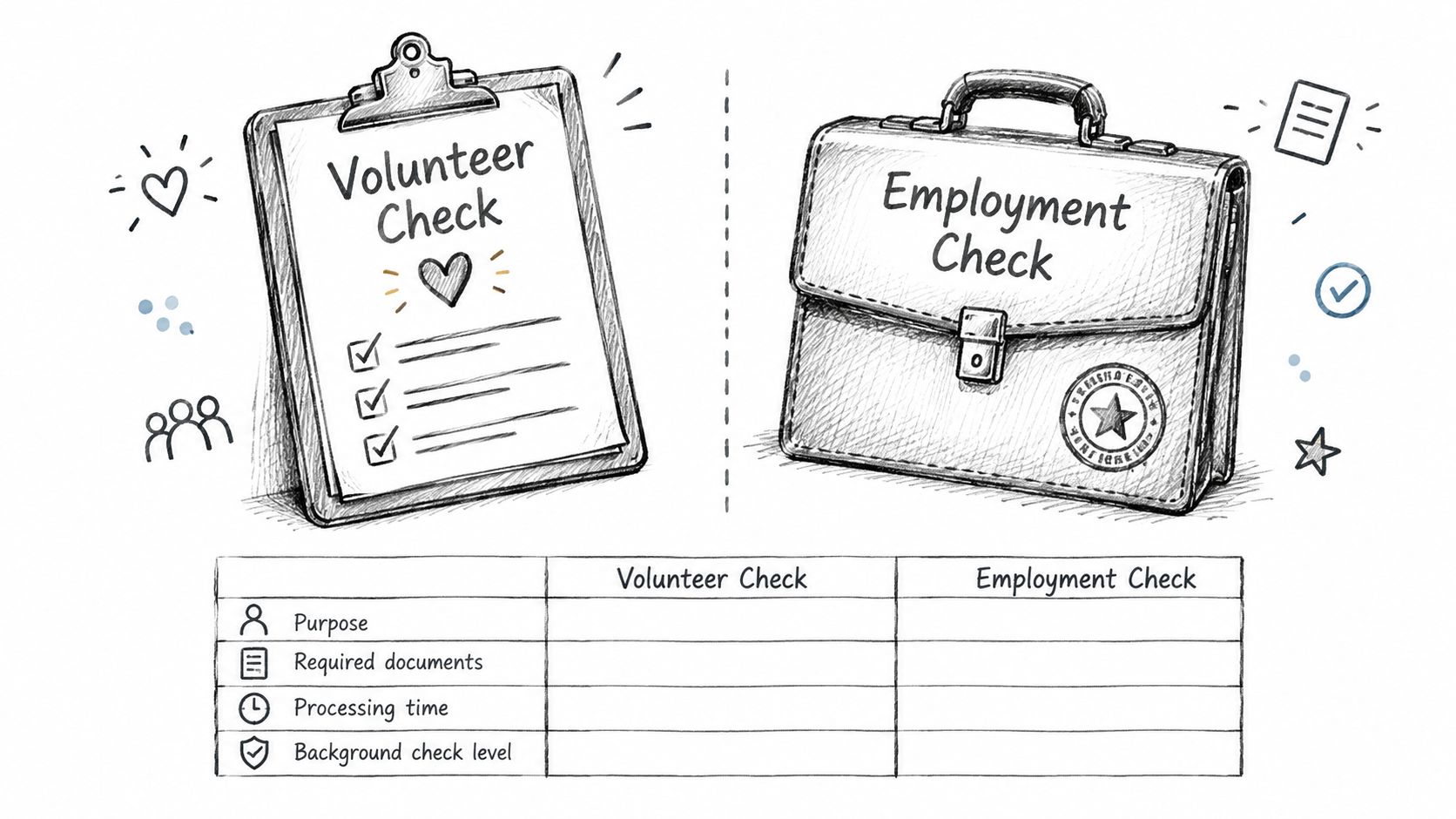 A diagram comparing volunteer and employment background checks with categories for purpose, documents, processing time, and level.