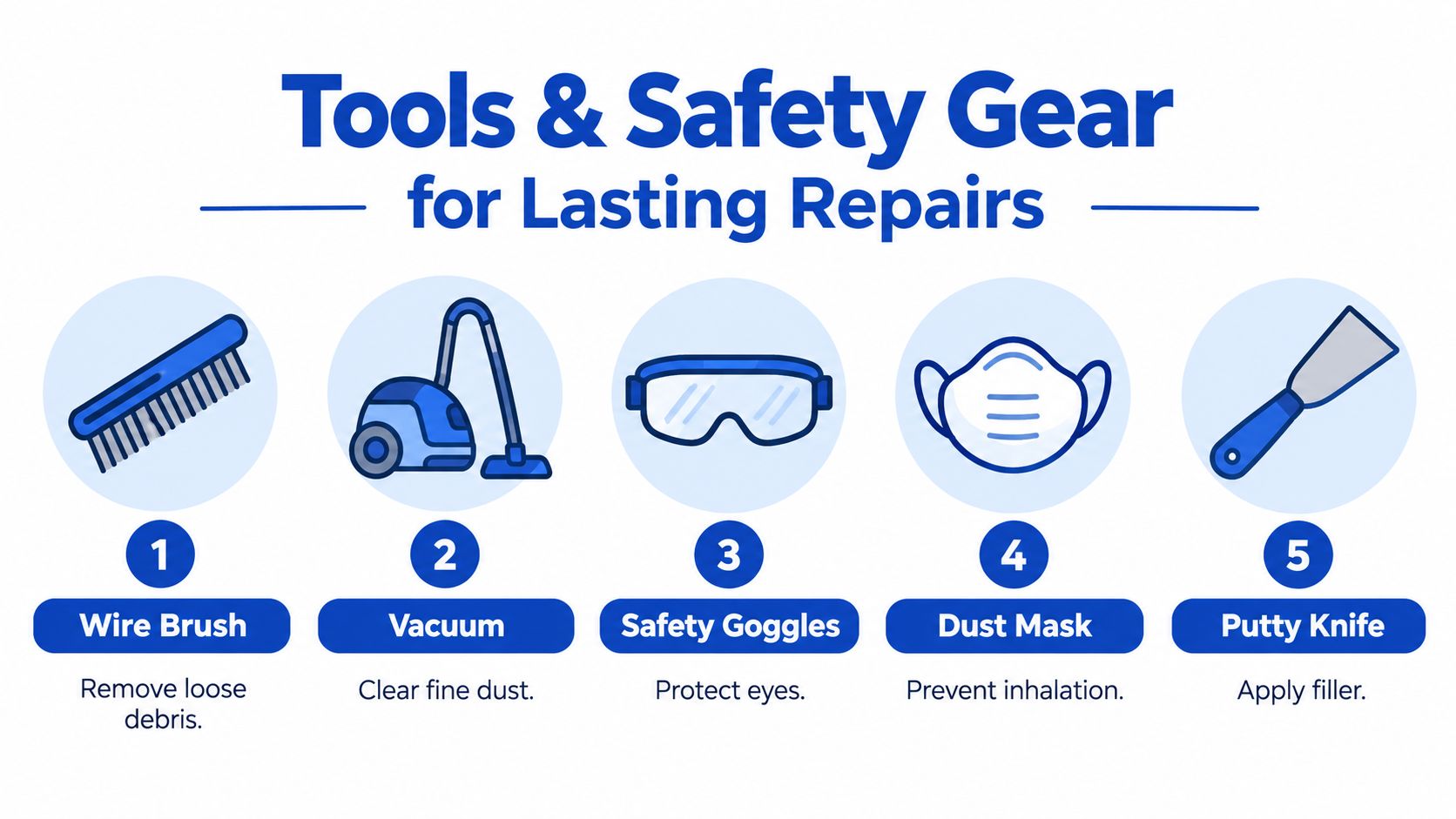 An infographic showing five essential tools and safety gear needed for performing effective and lasting surface repairs.
