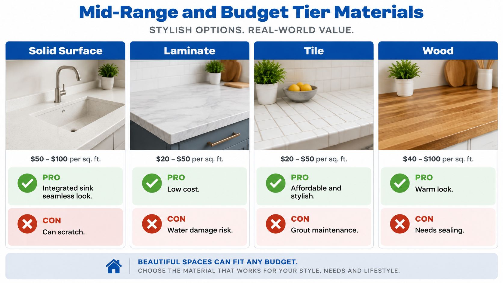 A comparison chart of mid-range and budget kitchen countertop materials including solid surface, laminate, tile, and wood.