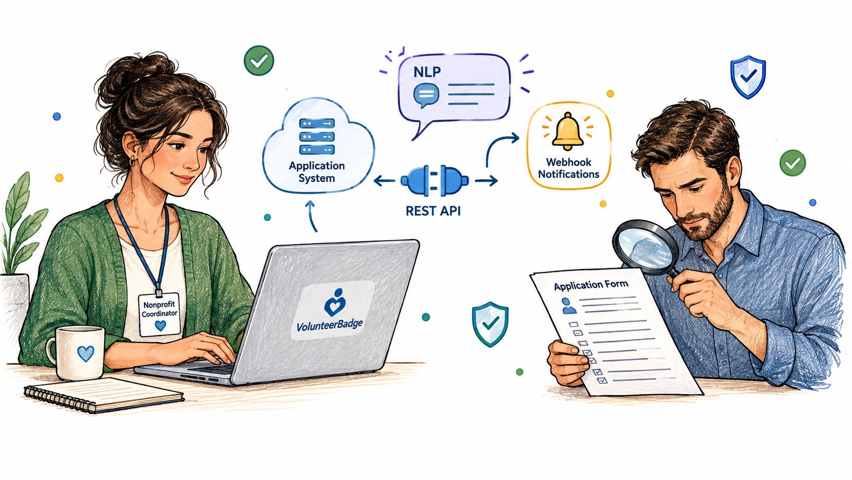A woman and man working together to screen volunteer applications using technology and digital tools.