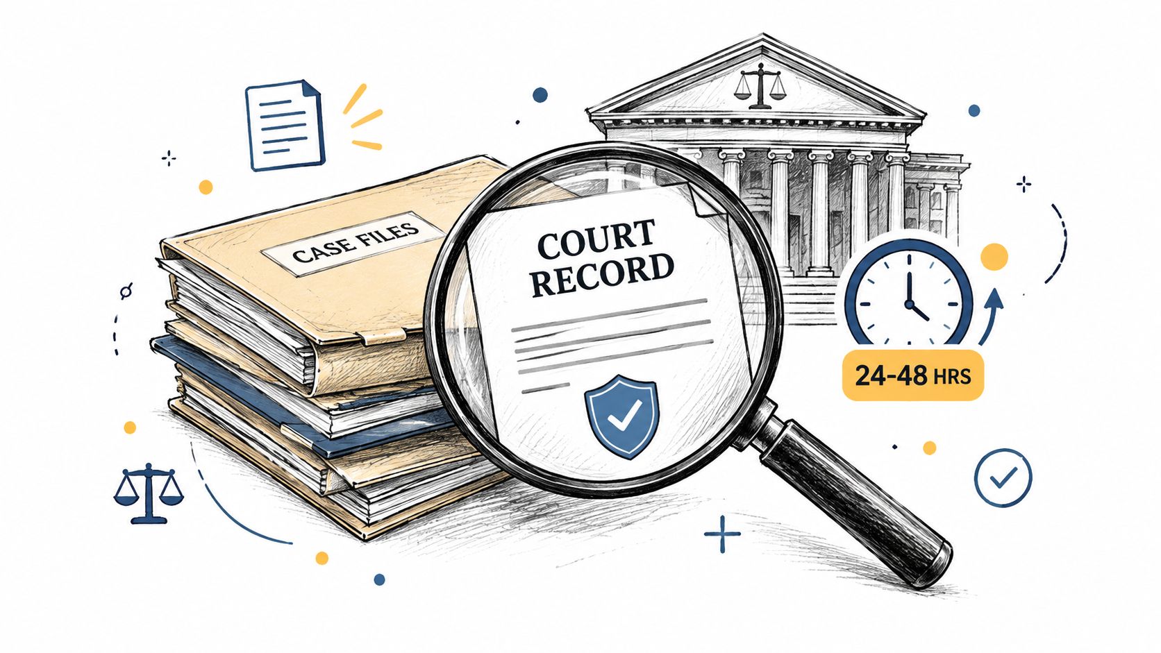 A magnifying glass inspecting court record documents next to a stack of case files and a courthouse.
