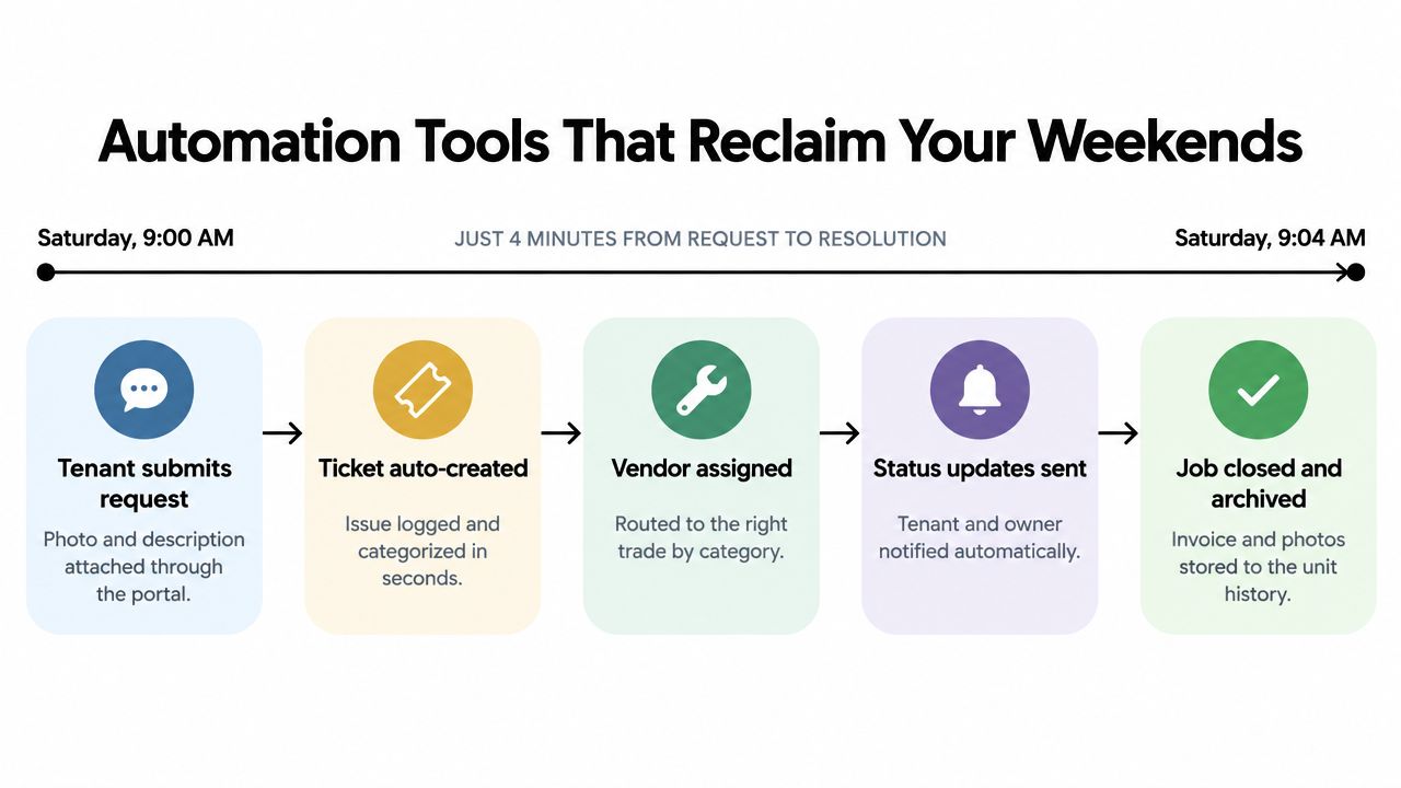 A diagram illustrating a property maintenance automation workflow from tenant request to job resolution in four minutes.