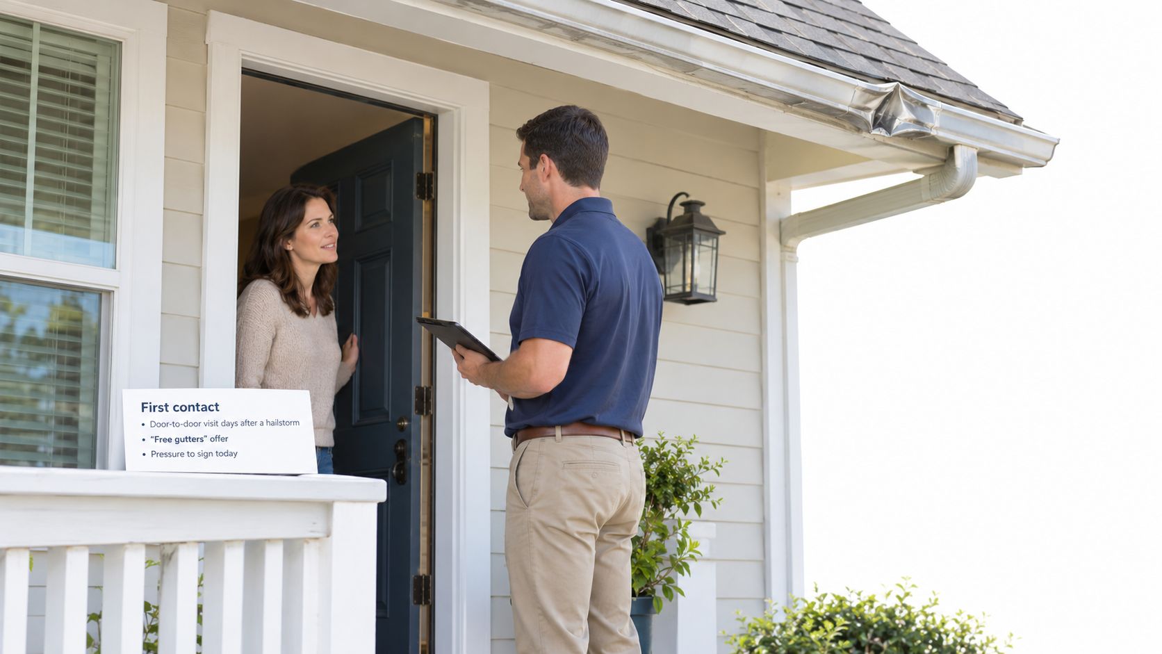 A home improvement contractor talking to a homeowner at her front door regarding gutter repair services.