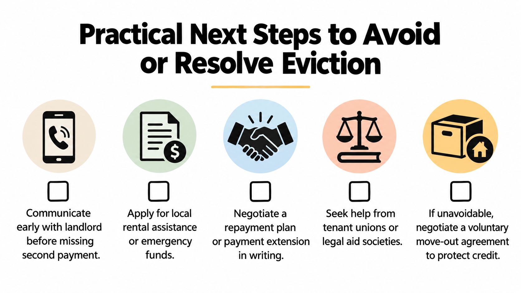 An infographic showing five practical steps for tenants to avoid or resolve potential eviction situations.