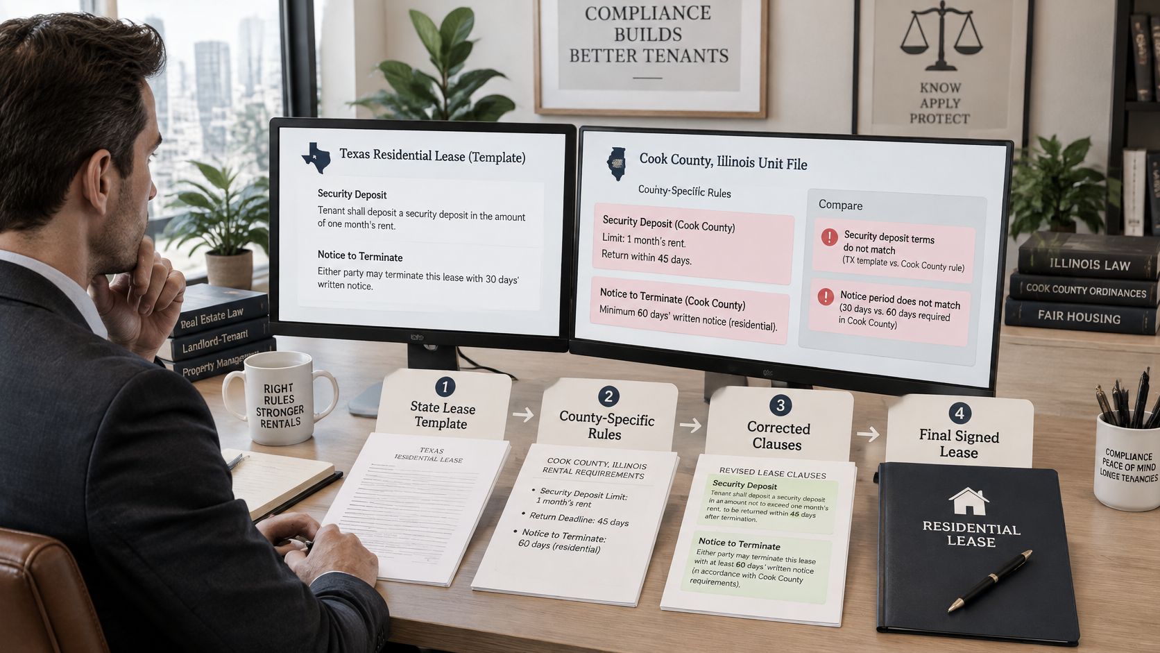 A professional analyzing legal lease documents on a computer screen for DIY property management and compliance.