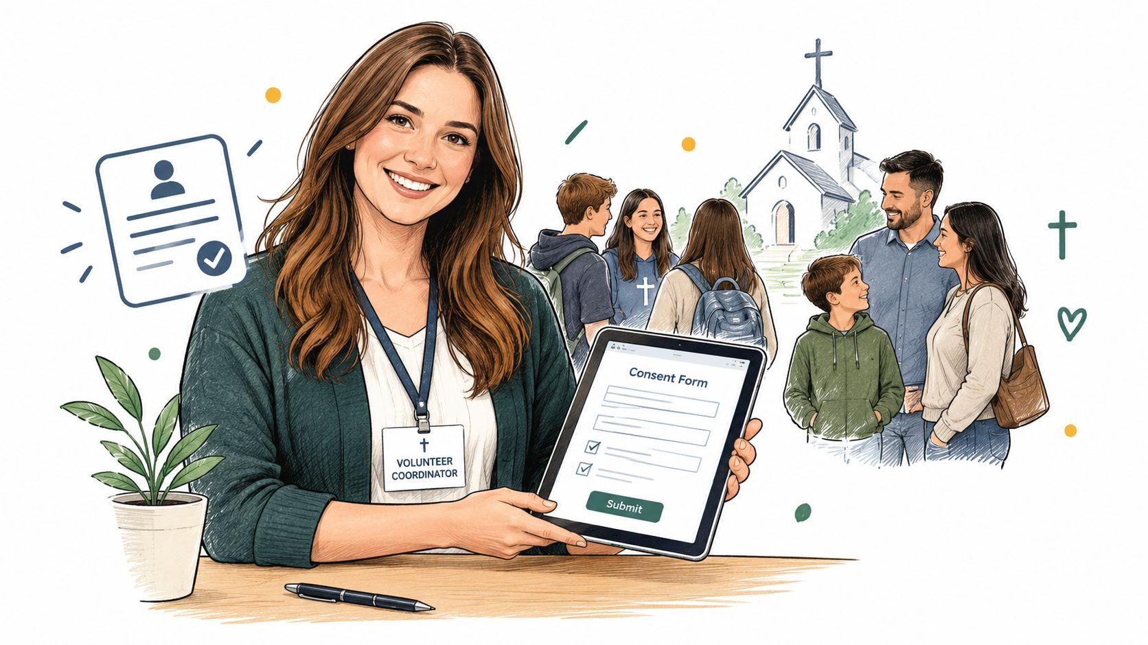 A friendly volunteer coordinator holding a digital tablet displaying an electronic consent form at a community gathering.