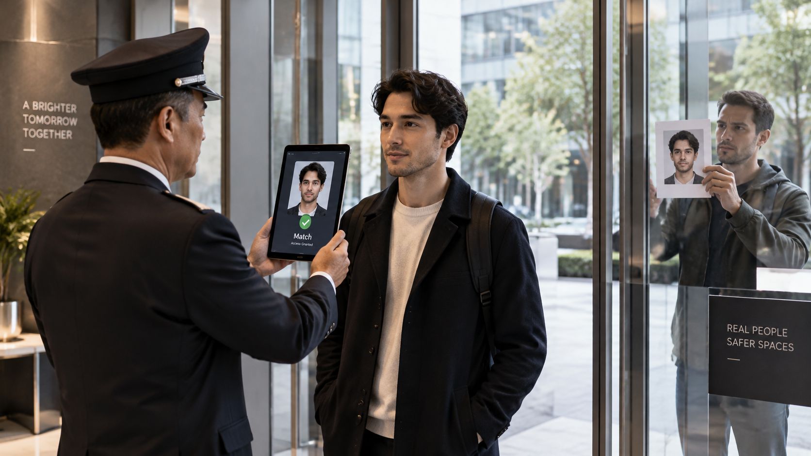 A security guard uses a tablet for digital identity verification to screen a young man at a door.