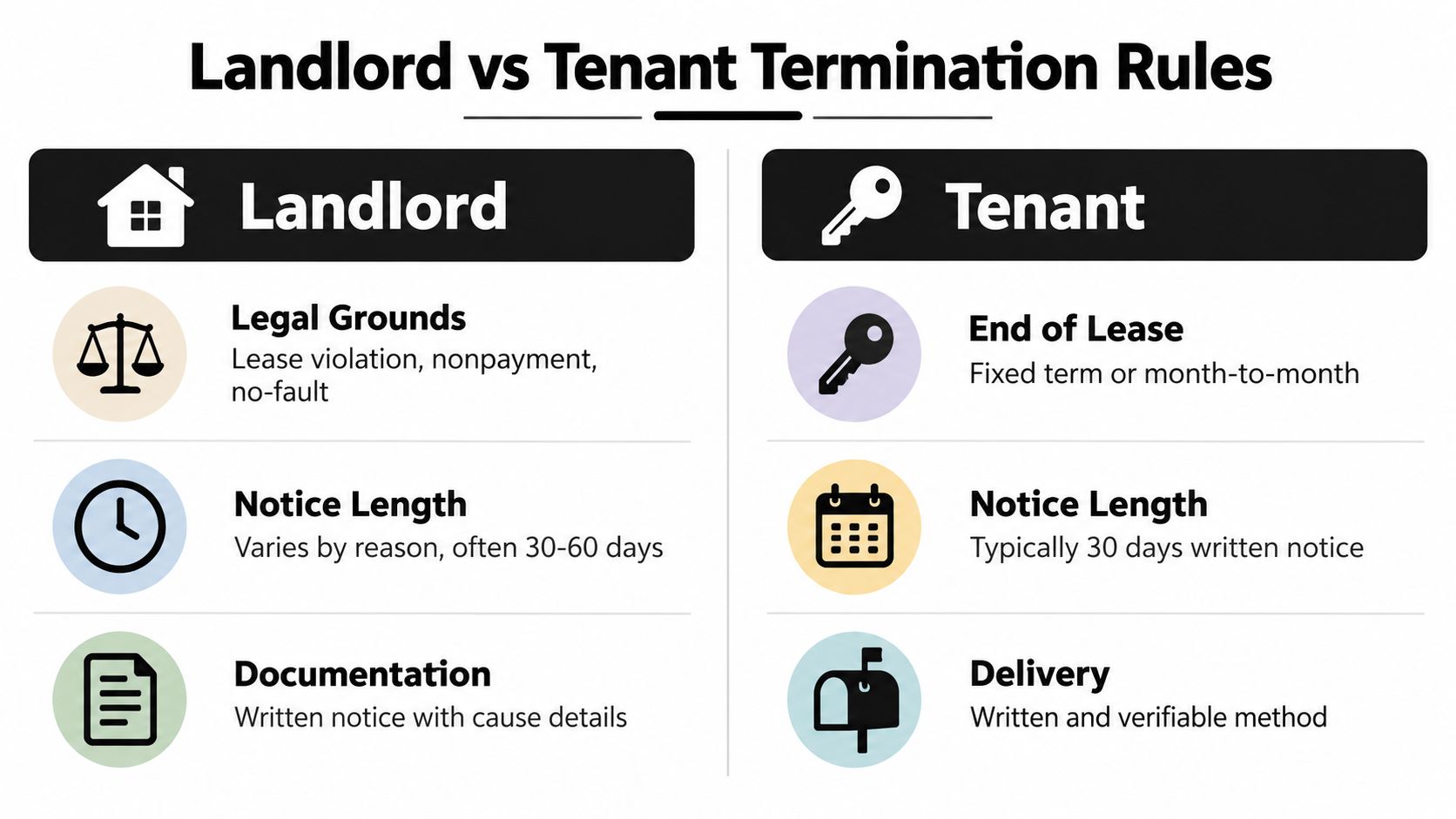 A comparison chart outlining key differences in lease termination rules for landlords and tenants.