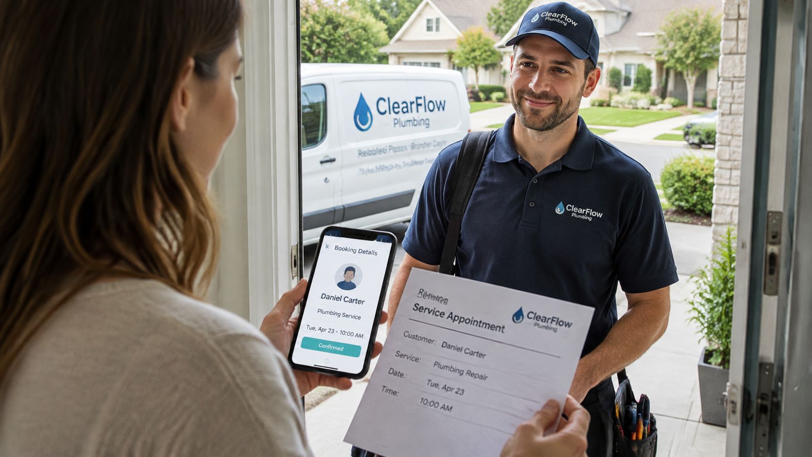 A friendly plumber shows his identification to a homeowner using a digital app and paper documentation.