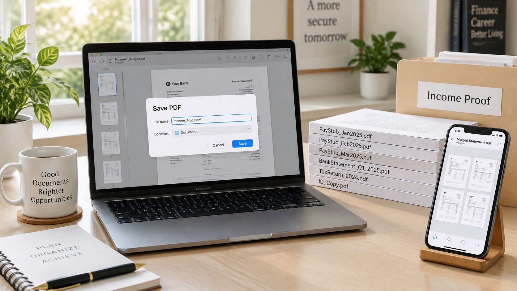 A laptop and smartphone on a desk organized for submitting proof of income documentation for loan applications.