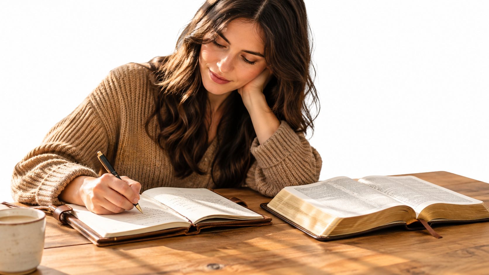 A young woman writing in a journal next to an open Bible on a wooden table.