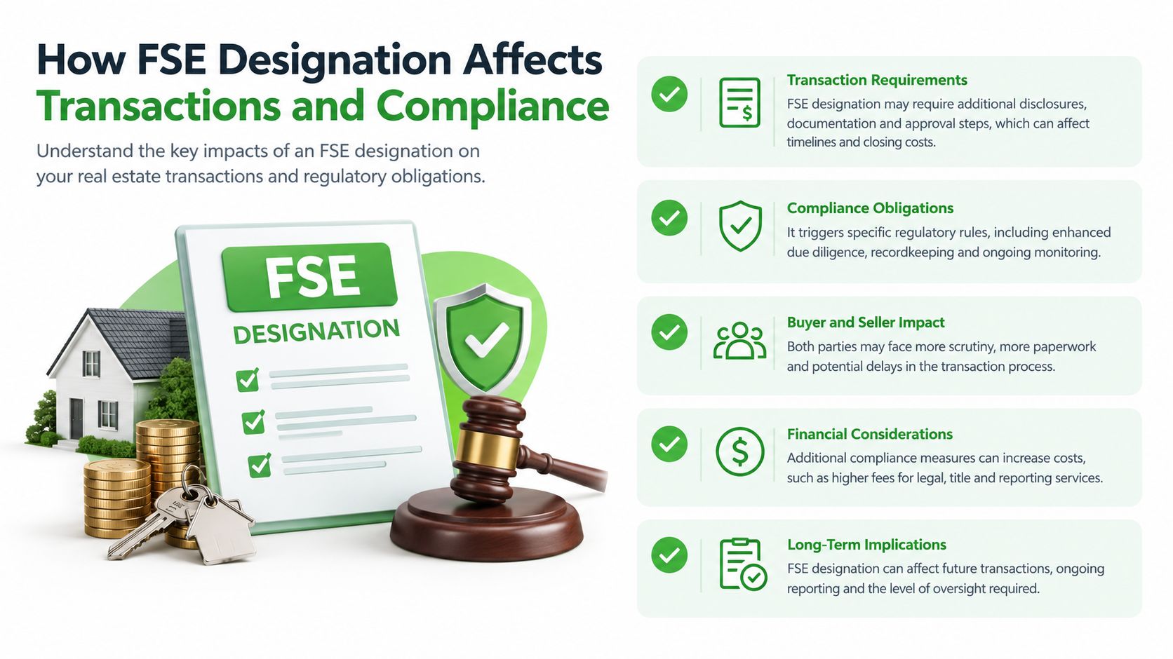 An infographic explaining how Foreign Sanctions Evaders designation affects real estate transactions and regulatory compliance obligations.