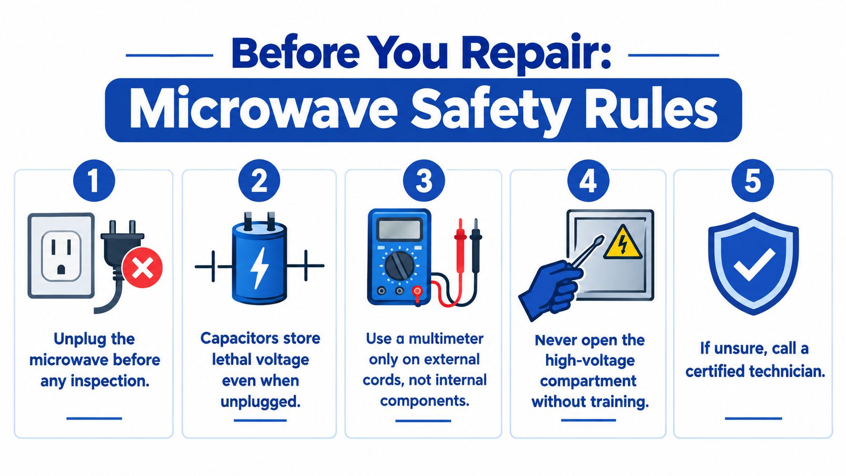 A safety infographic titled Before You Repair: Microwave Safety Rules showing five essential precautions for microwave maintenance.