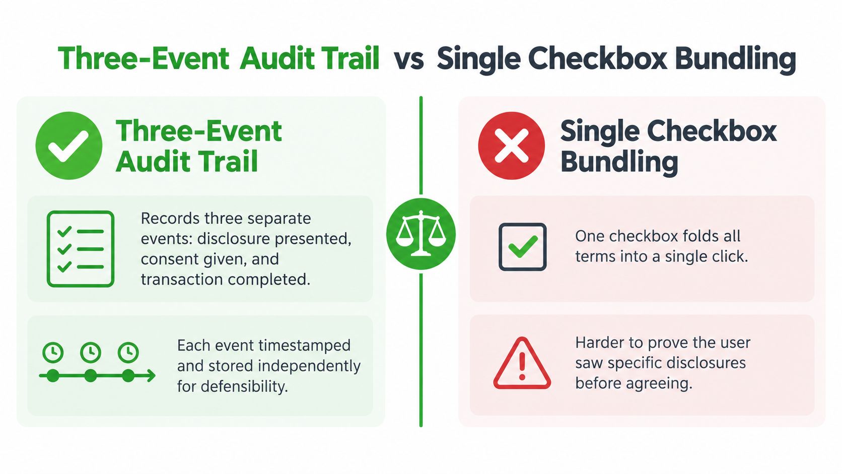 A comparison chart showing the benefits of a three-event audit trail versus single checkbox bundling for compliance.