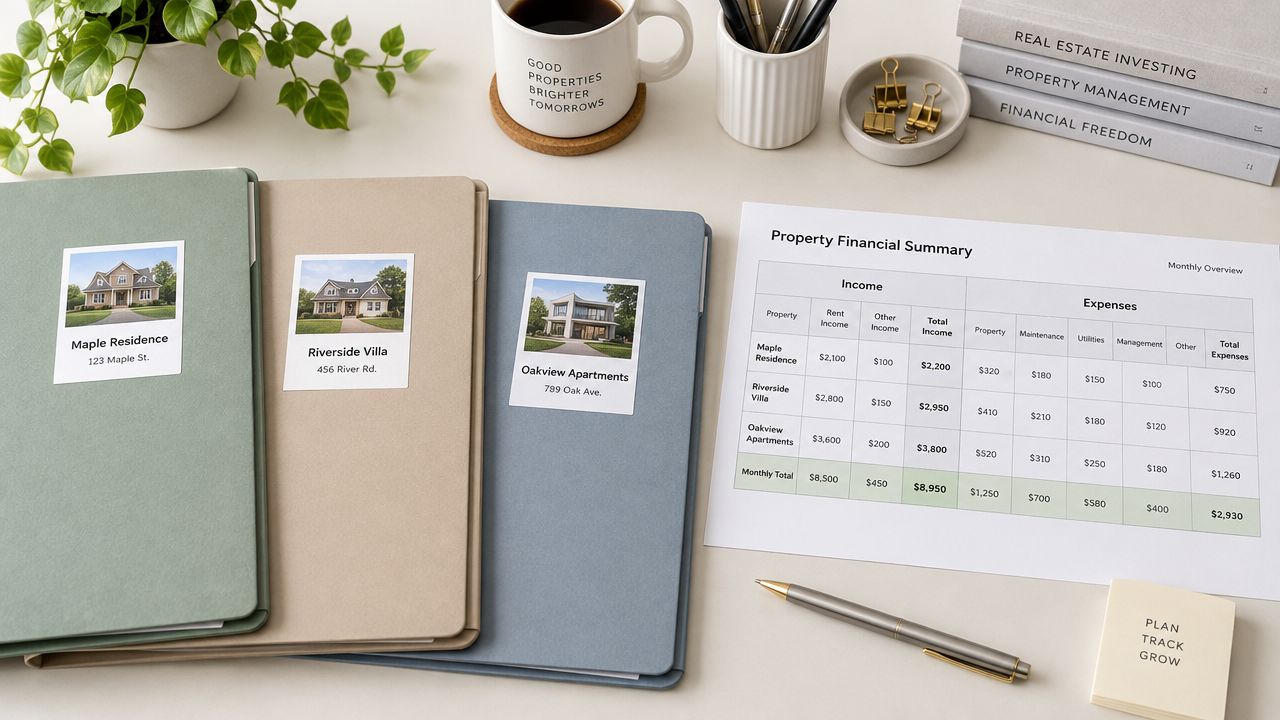 A professional flatlay featuring property folders, a monthly financial summary spreadsheet, and office supplies on a desk.