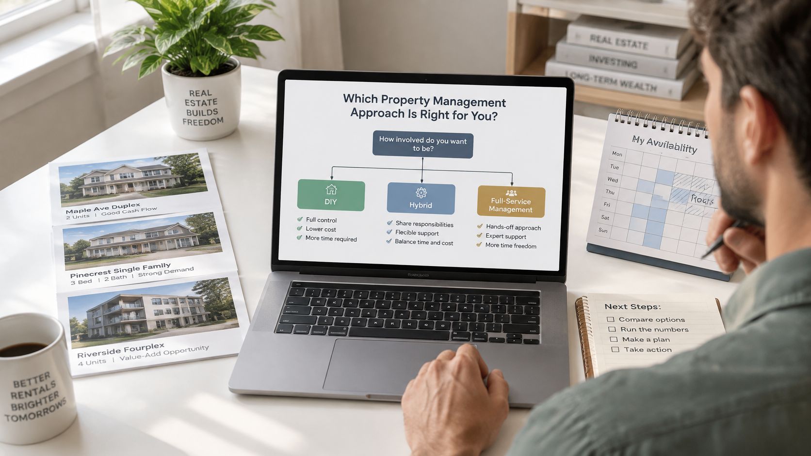 A person looking at a property management decision flowchart on a laptop while analyzing rental investment properties.