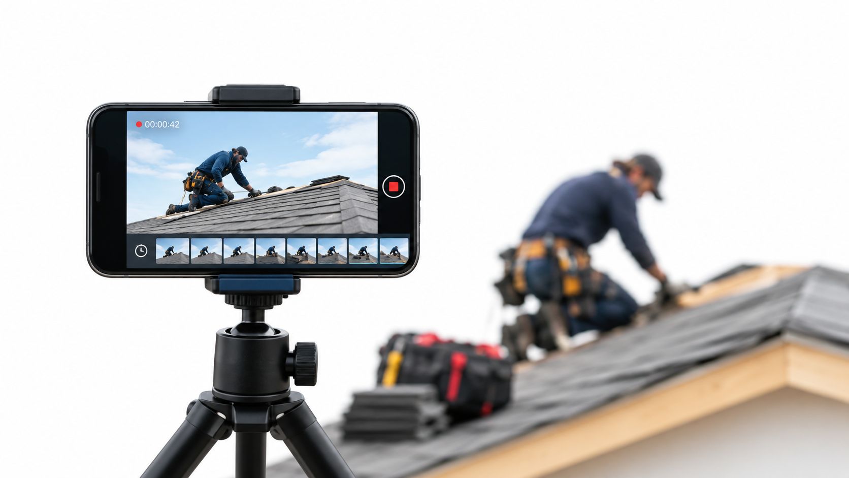 A smartphone on a tripod recording a construction worker installing asphalt shingles on a residential roof.