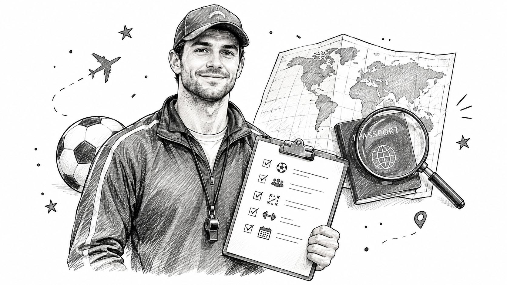 A professional sports coach holding a clipboard with travel-related icons, including a passport and world map.
