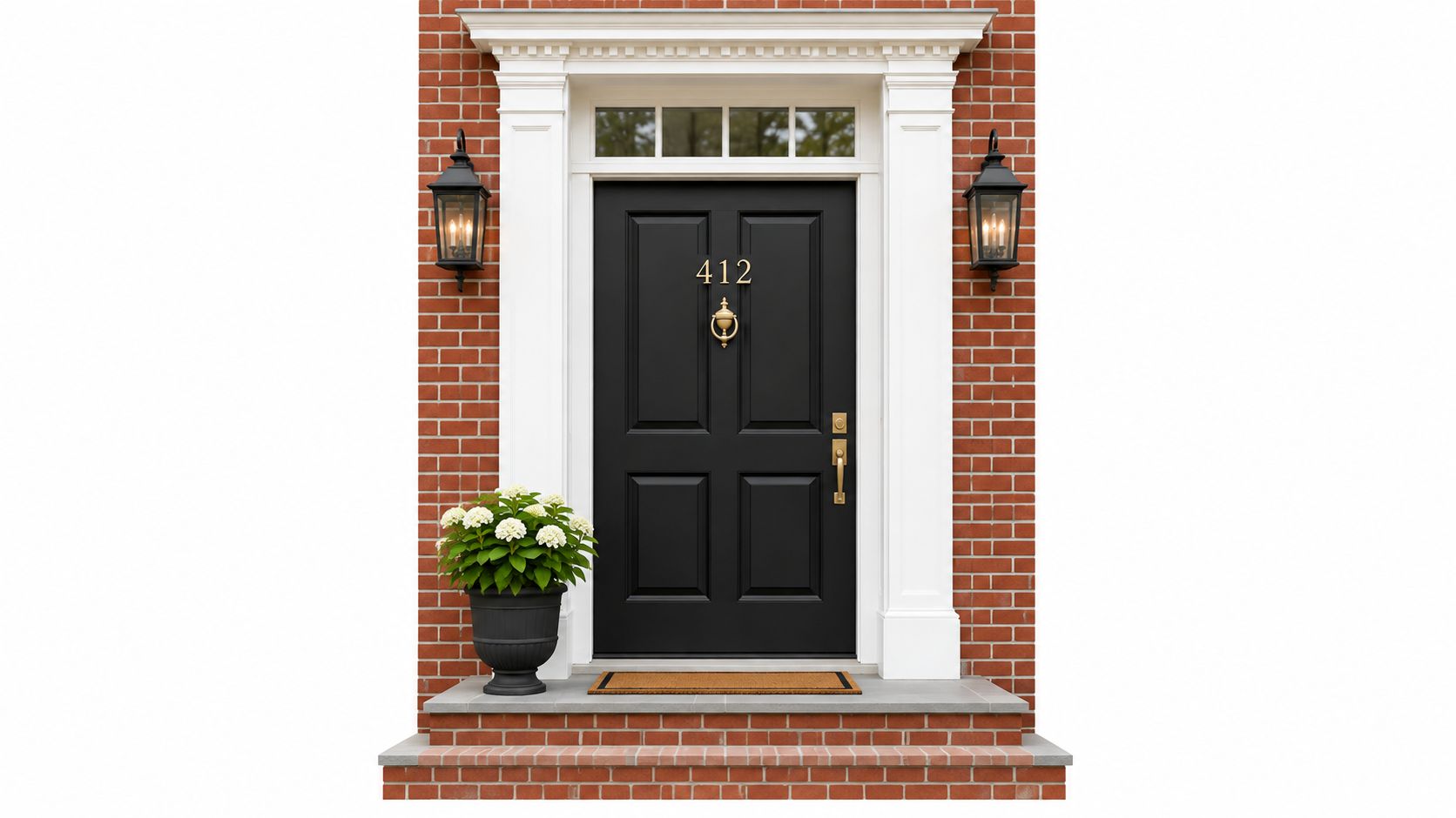 A classic black front door with brass hardware on a red brick house with white trim.