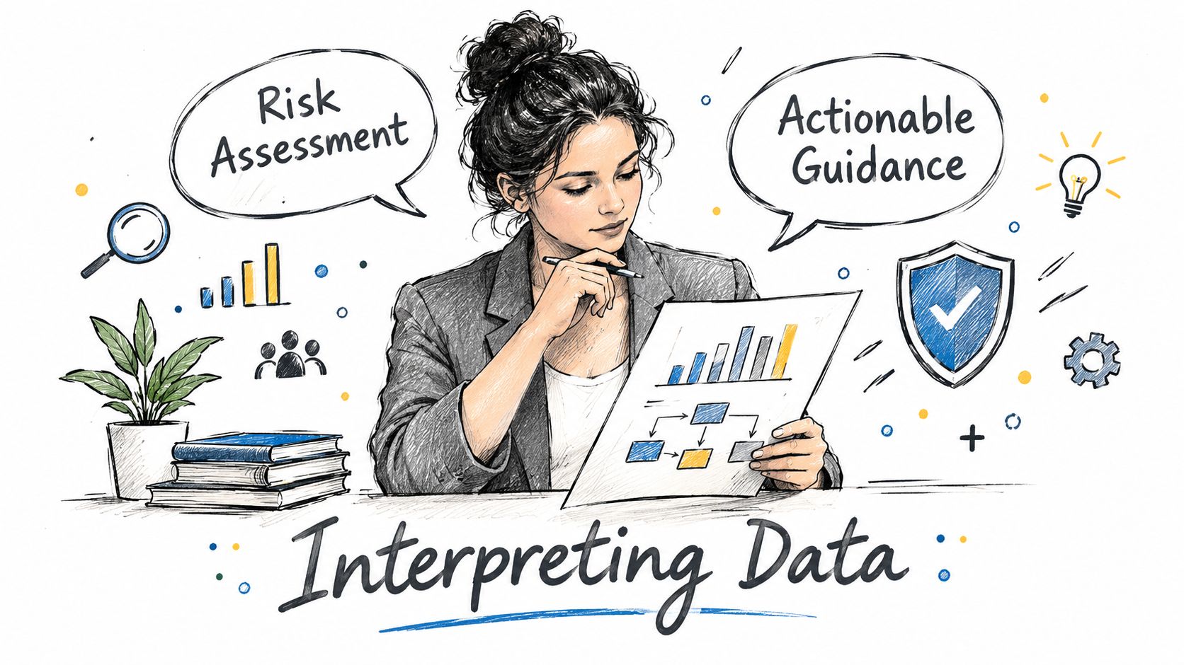 A professional woman analyzing charts and data for risk assessment and actionable guidance, illustrating business intelligence.