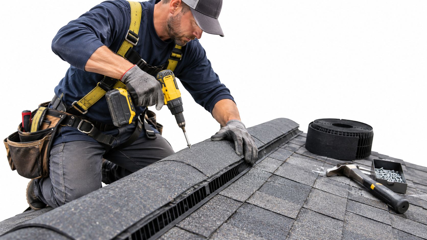 A professional roofer kneeling on a roof shingles while installing a ridge vent with a power drill.