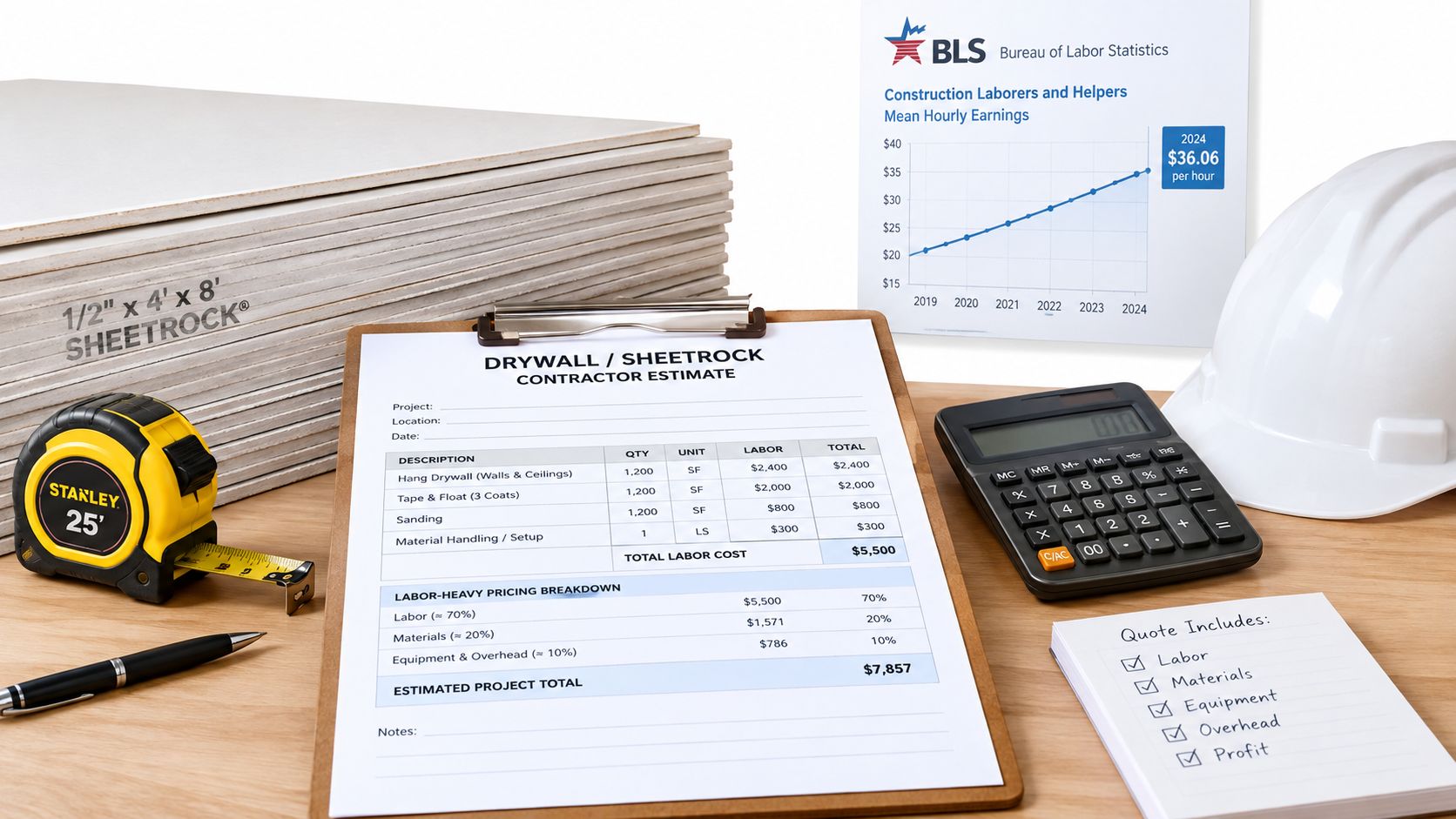 A contractor estimate for hanging drywall alongside tools, a calculator, and a construction labor cost chart.